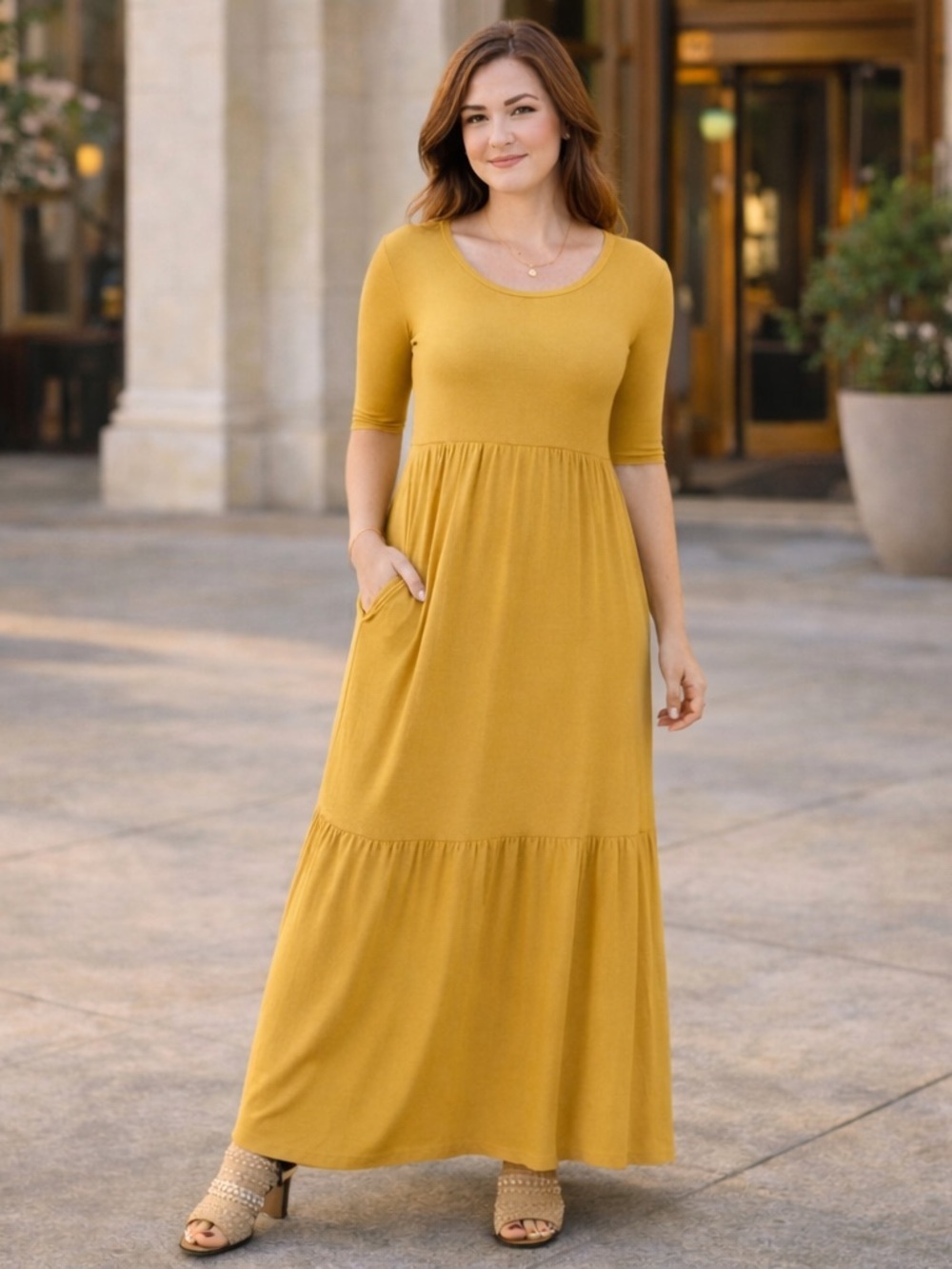 Agnes & Dora Maxi Dress Deep Gold Yellow Short Sleeve Pullover Pockets Hera